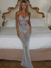 Glitter Sheer Halter Women Maxi Dress Gray Backless